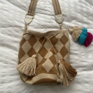 Cotton weave Tan and Cream Checkered Crossbody Bag with tassels